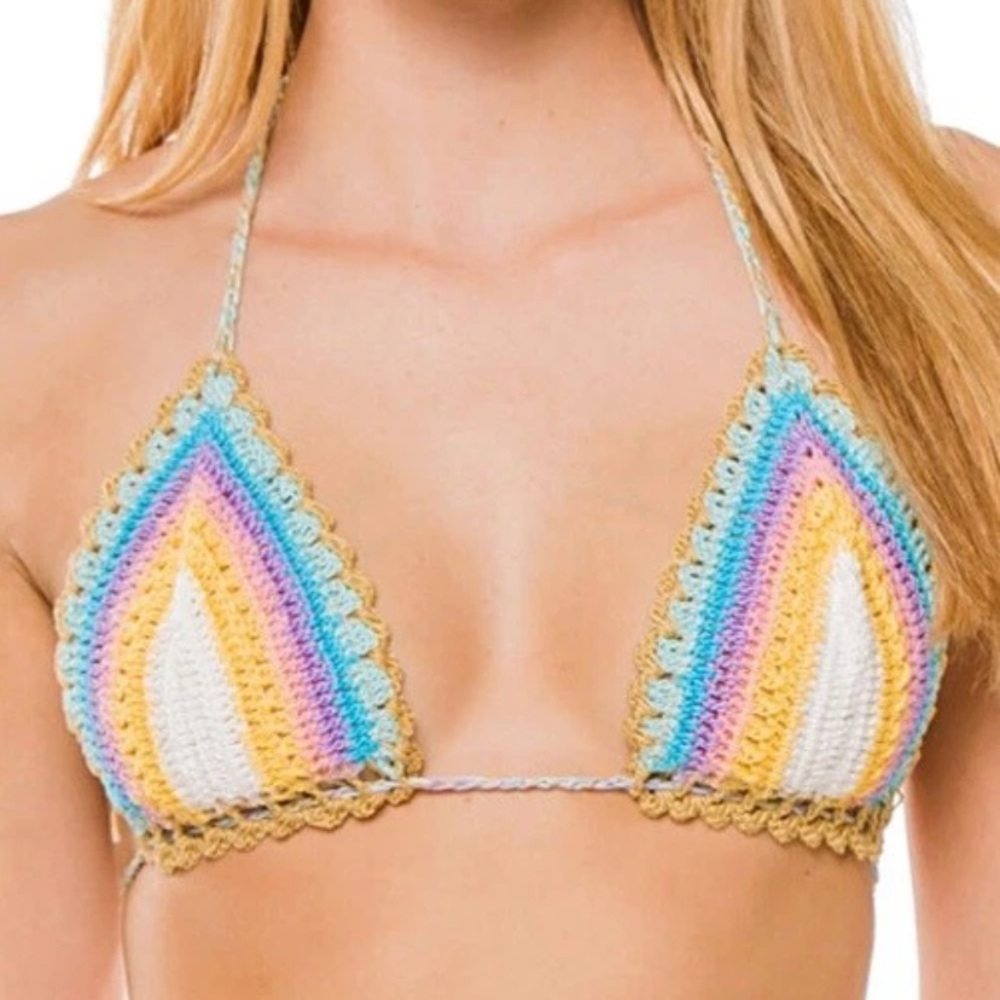 NWT $108 Pilyq Romance Crochet Bikini Top Halter Rainbow Pastel Crocheted Tie S